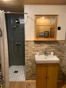y baño con lavabo y ducha. en Lilly Chalet- Apartments with private sauna, close to ski lifts en Bad Kleinkirchheim