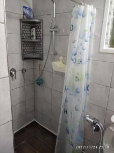 a shower with a blue shower curtain in a bathroom at بيت ضيافة حنضلة in Bethlehem