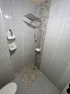 La salle de bains est pourvue d'une douche et de toilettes. dans l'établissement Charmant appart à 15 minutes de la plage et du centre ville M'DICQ, TETOUAN, à M'diq