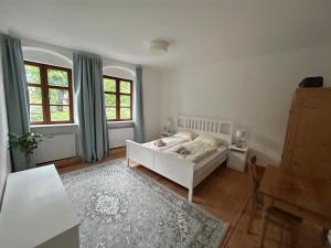 een slaapkamer met een bed en een tafel en ramen bij LIBORIA II Wohnen im Denkmal Augsburgs in Augsburg