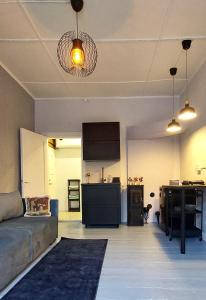 Il comprend un salon avec un canapé et une cuisine. dans l'établissement Lossikambri külaliskorterid, à Viljandi