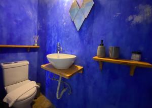 a blue bathroom with a sink and a toilet at Kasa Antika in Meyisti