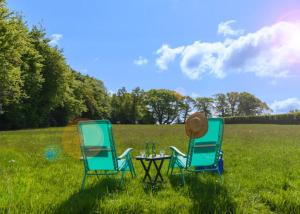 two chairs and a table in the middle of a field at Nutkins Luxury Shepherd Hut with hot tub close to Lyme Regis in Uplyme