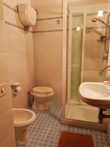 een badkamer met een toilet, een wastafel en een douche bij Renaissance House in Pienza
