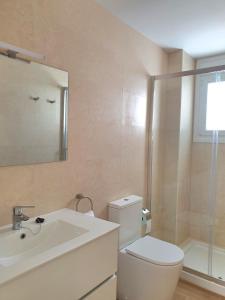 La salle de bains est pourvue de toilettes, d'un lavabo et d'une douche. dans l'établissement Apartamento nuevo en Primera Planta A con Piscina, à Barbate