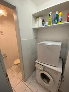 a bathroom with a toilet with a washing machine at Ferienwohnung Aktuell in Memmingen