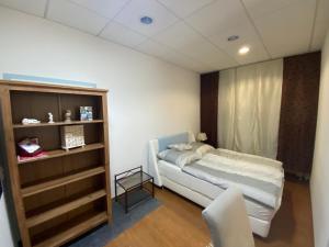 a bedroom with a bed and a book shelf at Ferienwohnung Aktuell in Memmingen