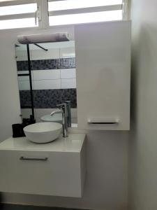 een witte badkamer met een wastafel en een spiegel bij Ibis Studio in Cayenne