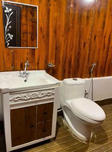 a bathroom with a toilet and a sink at Royal Tree Cafe And Resort in Dehradun