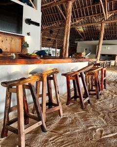 a row of wooden stools in front of a bar at NDAME Paje Hotel in Paje