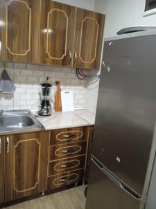 eine Küche mit einem Kühlschrank aus Edelstahl und Holzschränken in der Unterkunft Roba in Gordi