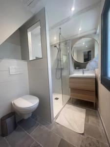 a bathroom with a toilet and a sink and a mirror at Le Duplex studio centre de Nîmes avec Clim in Nîmes