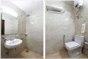 two pictures of a bathroom with a toilet and a sink at OYO Royal Den Near Lotus Temple in New Delhi
