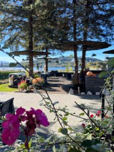 a patio with a table and trees and flowers at Koszarka Venue & SPA in Gródek Nad Dunajcem