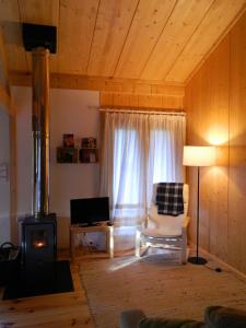 - un salon avec une chaise et un poêle à bois dans l'établissement Treehouse Quinta Lamosa, à Arcos de Valdevez