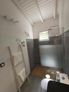 ein Badezimmer mit Waschbecken und Toilette in einem Zimmer in der Unterkunft Villa 4 étoiles avec piscine, 3 chambres et jardin tropical in Saint-François