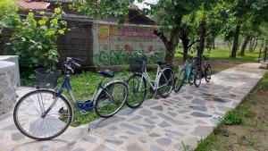 Una fila de bicicletas estacionadas una al lado de la otra. en Nicolaus Hidden Gem Villa en Shkodër