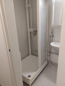 a small bathroom with a shower and a sink at Viihtyisä yksiö keskustan lähettyvillä in Oulu