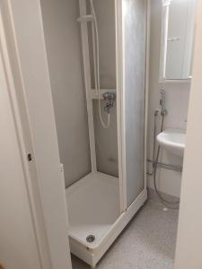 a shower stall in a bathroom with a sink at Viihtyisä yksiö keskustan lähettyvillä in Oulu