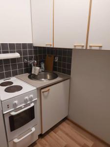 a small kitchen with a stove and a sink at Viihtyisä yksiö keskustan lähettyvillä in Oulu