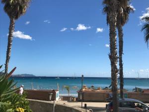 a view of the ocean from a beach with palm trees at Blue Summer Vibes Appartment for 4P, AC, parking, beachfront, SPA access -5 in La Ciotat