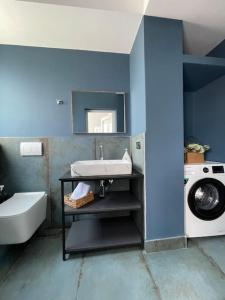 uma casa de banho com um lavatório e uma máquina de lavar roupa em Voyage Penthouse em Tirana