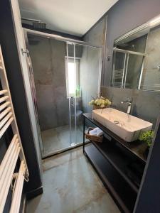 uma casa de banho com um lavatório e um chuveiro em Voyage Penthouse em Tirana