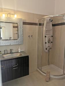 a bathroom with a shower and a sink and a mirror at Argalios Studios in Kiónion