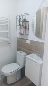ein Badezimmer mit einem weißen WC und einem Spiegel in der Unterkunft Apartamento Suances in Suances