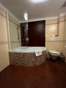 皮耶什佳尼的住宿－City Hotel，带浴缸和卫生间的浴室。