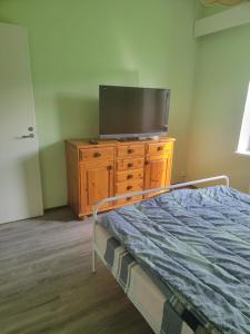 a bedroom with a bed and a tv on a dresser at Sunny apartment next to a beautiful lake in the forest in Imatra