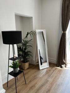 um quarto com um espelho, uma planta e um candeeiro em No.1 Beechcroft em Liverpool