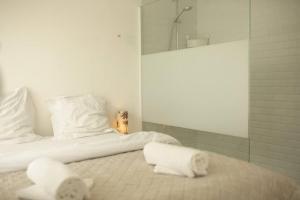ein Schlafzimmer mit einem Bett mit zwei Handtüchern darauf in der Unterkunft Chez Moltess in Seignosse