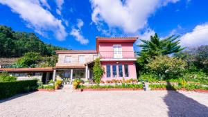 a pink house with a palm tree at Leiras de Candoz Douro Valley in Marco de Canaveses