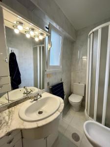 La salle de bains est pourvue d'un lavabo, de toilettes et d'un miroir. dans l'établissement PISO EN PLENO CENTRO DE MIÑO II, à Miño