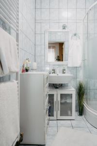bagno bianco con lavandino e specchio di Ferienhaus Ricki a Rust