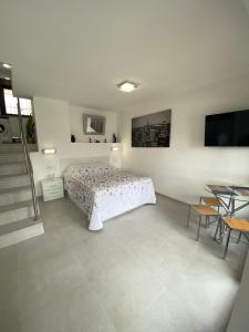 a bedroom with a bed and a table and chairs at BENALMADENA ALOHA PLAYA BEACH LOFT in Benalmádena