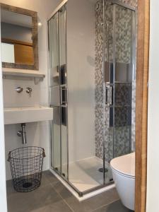 a bathroom with a shower and a toilet and a sink at La roche aux mouettes Ile du Levant in Île du Levant +55 photos
