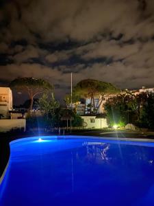 una piscina por la noche con árboles en el fondo en Tranquility studio apartment, en Málaga