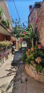 uma rua com flores e plantas ao lado de um edifício em Apartmani i sobe Lena em Mostar