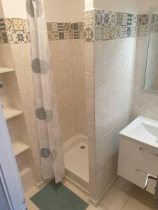 W łazience znajduje się prysznic, toaleta i umywalka. w obiekcie En bord de mer, avec Grande terrasse et Climatisation w mieście Le Grau-du-Roi