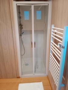 a shower with a glass door in a bathroom at les gites axéens (l'Ours) in Ax-les-Thermes