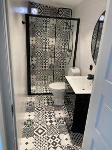 La salle de bains est pourvue d'une douche, de toilettes et d'un lavabo. dans l'établissement Casa Blanca, à Strandbaden