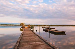 un quai sur un lac avec des bateaux dans l'eau dans l'établissement Le Cosy & Reposant, 3 étoiles, 6p, 7 min Océan & Plage,, à Soustons