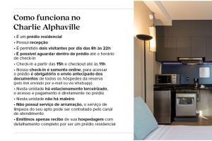 Un folleto para una habitación de hotel con una foto de una cocina en Charlie Alphaville, en Barueri