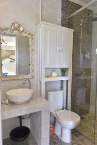 La salle de bains est pourvue d'un lavabo, de toilettes et d'un miroir. dans l'établissement Ling & Louie's Mountain, à Mayong
