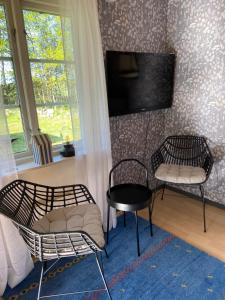 a living room with two chairs and a tv at Stuga på Öland in Algutsrum