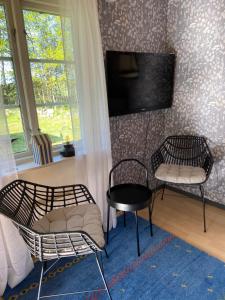een woonkamer met twee stoelen en een tv bij Stuga på Öland in Algutsrum