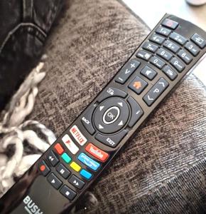a remote control sitting on top of a couch at The Waterside Apartment 6 in Largs