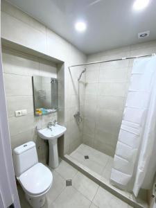 a bathroom with a toilet and a shower and a sink at Room 27 in Kutaisi in Kutaisi